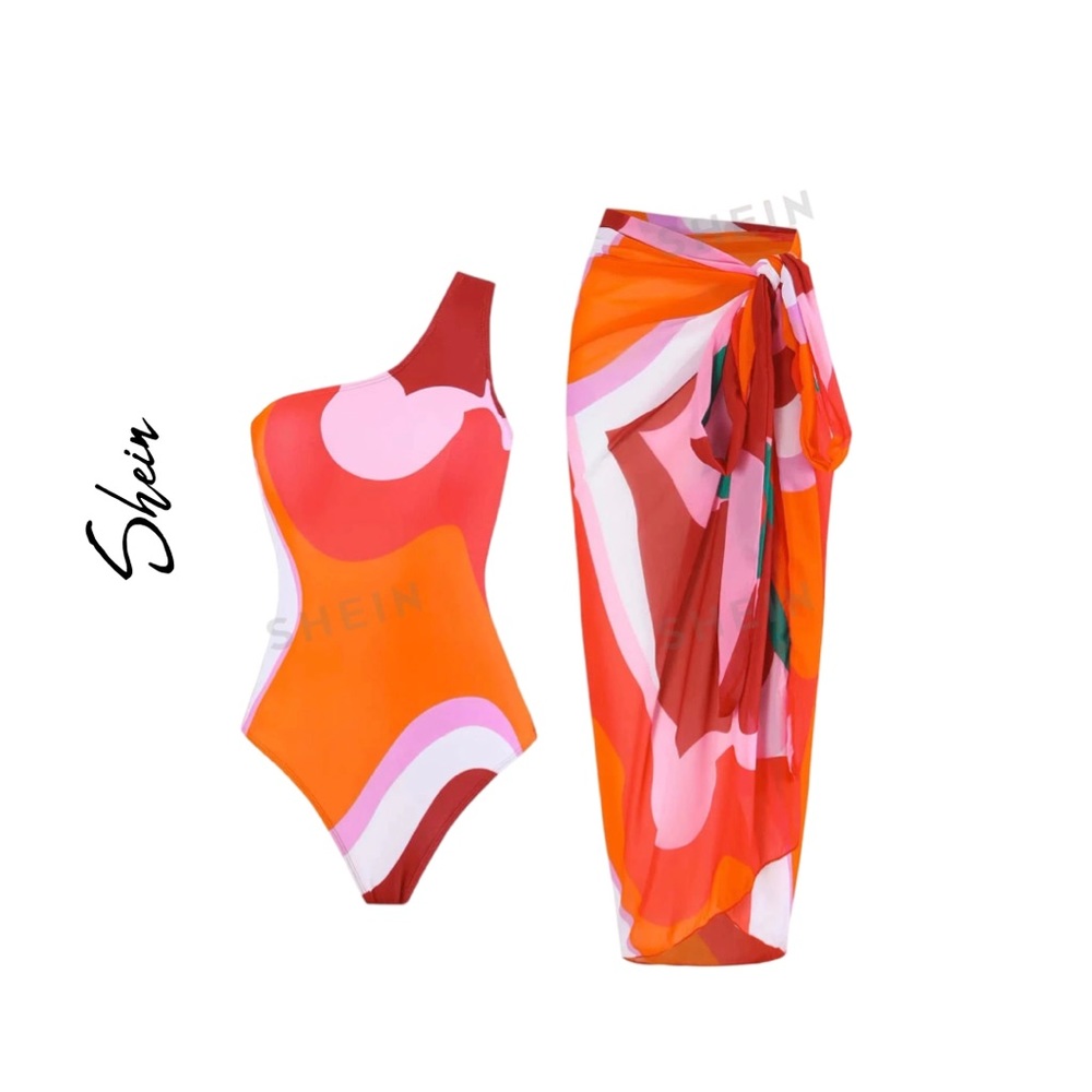 Abstract One Shoulder Swimsuit & Cover Up Skirt Size L  NWT